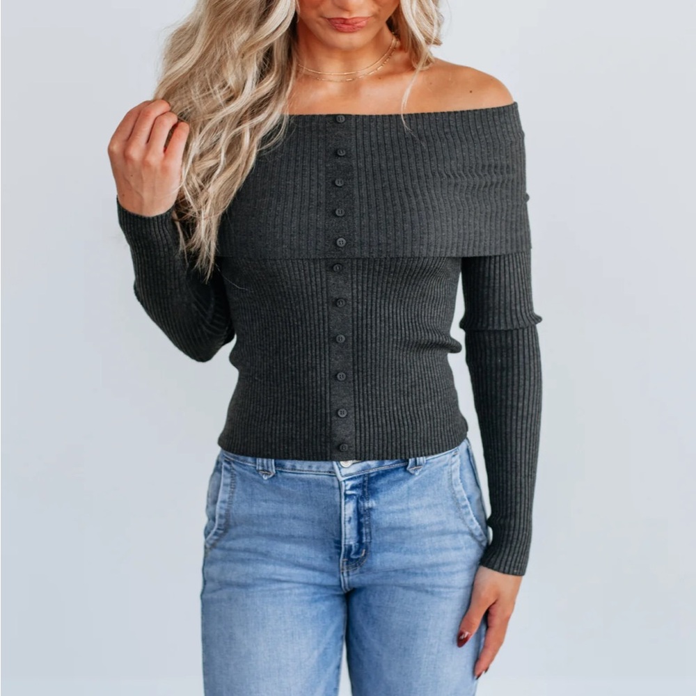 Women’s Be cool Charcoal Off-the-Shoulder Buttoned Sweater‎